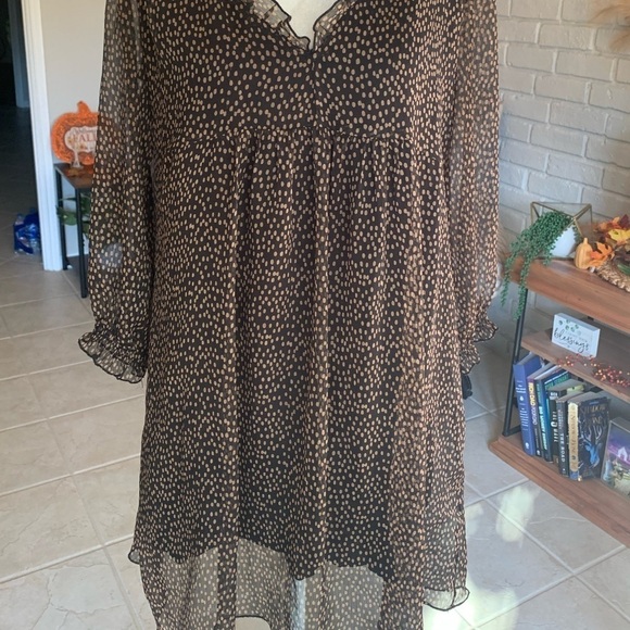 Zara Size Small Brown Speckled Ruffle Neckline Mini Dress - Picture 2 of 7